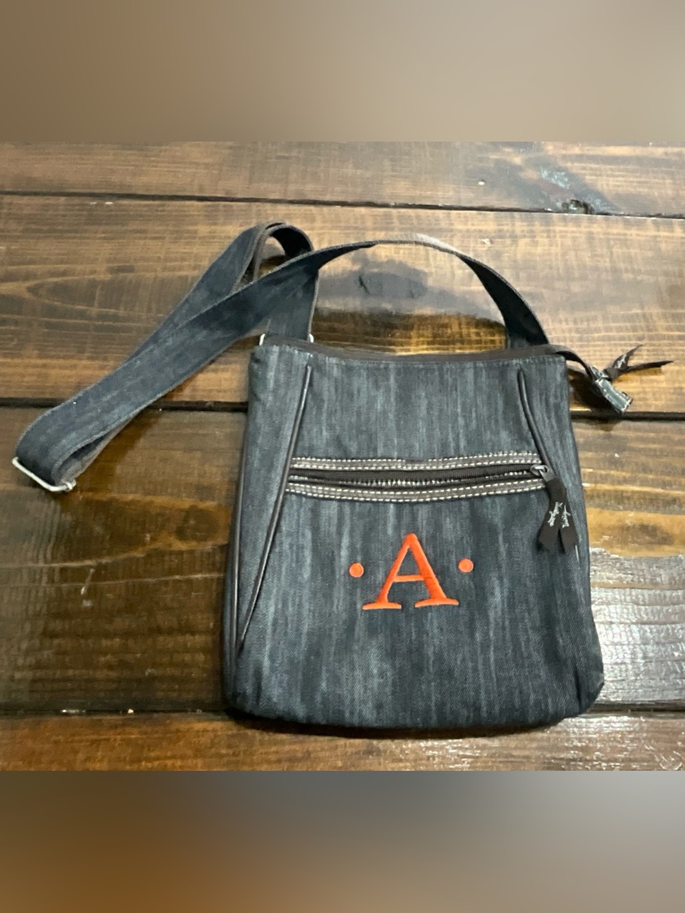 Thirty One Dark Denim with Brown Trim Crossbody Messenger Purse Monogram A